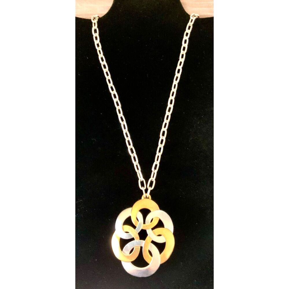Vintage Trifari Two Tone Modernist Pendant Necklace Signed 28 Inch